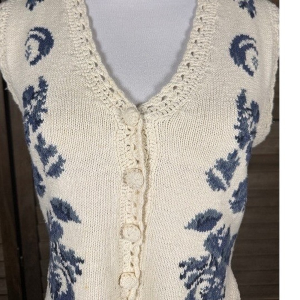 Mixit Womens Medium Floral Striped Knit Sweater Vest Blue Cream Ramie Cotton - Picture 3 of 10